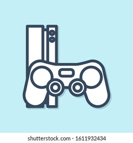 Blue line Video game console with joystick icon isolated on blue background.  Vector Illustration