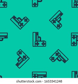 Blue line Video game console with joystick icon isolated seamless pattern on green background.  Vector Illustration