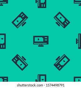 Blue line Video recorder or editor software on computer monitor icon isolated seamless pattern on green background.  Vector Illustration
