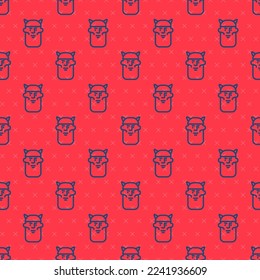 Blue line Viking head icon isolated seamless pattern on red background.  Vector