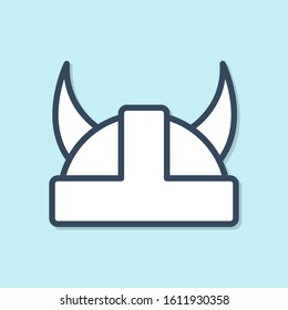 Blue line Viking in horned helmet icon isolated on blue background.  Vector Illustration