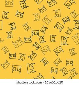 Blue line Viking in horned helmet icon isolated seamless pattern on yellow background.  Vector Illustration