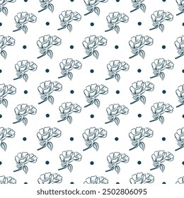 Blue line vintage style flower seamless pattern on white background. Create wallpaper, banner, fabric. 