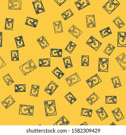 Blue line Vinyl player with a vinyl disk icon isolated seamless pattern on yellow background.  Vector Illustration
