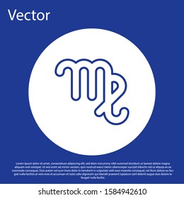 Blue line Virgo zodiac sign icon isolated on blue background. Astrological horoscope collection. White circle button. Vector Illustration