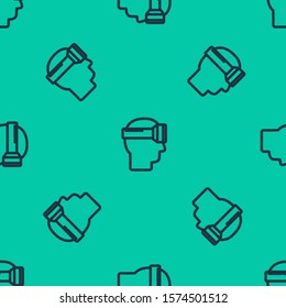 Blue line Virtual reality glasses icon isolated seamless pattern on green background. Stereoscopic 3d vr mask.  Vector Illustration