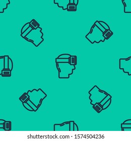 Blue line Virtual reality glasses icon isolated seamless pattern on green background. Stereoscopic 3d vr mask.  Vector Illustration