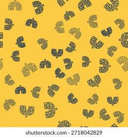 Linha azul Células de vírus no ícone de pulmão isolado padrão sem costura no fundo amarelo. Pulmões infectados. Coronavírus, COVID-19. 2019-nCoV.  Ilustração de vetor