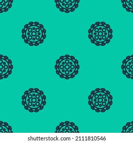 Blue line Virus icon isolated seamless pattern on green background. Corona virus 2019-nCoV. Bacteria and germs, cell cancer, microbe, fungi.  Vector Illustration