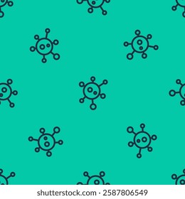 Blue line Virus icon isolated seamless pattern on green background. Corona virus 2019-nCoV. Bacteria and germs, cell cancer, microbe, fungi.  Vector Illustration