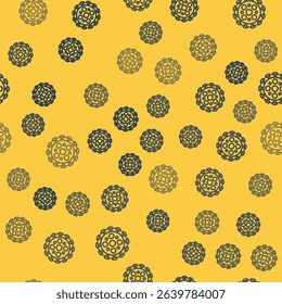 Blue line Virus icon isolated seamless pattern on yellow background. Corona virus 2019-nCoV. Bacteria and germs, cell cancer, microbe, fungi.  Vector Illustration