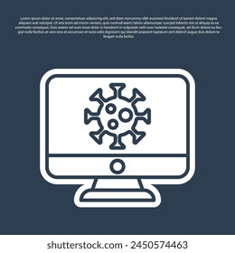 Blue line Virus statistics on monitor icon isolated on blue background. Corona virus 2019-nCoV. Bacteria and germs, cell cancer, microbe, fungi.  Vector