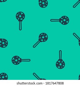 Blue line Virus under magnifying glass icon isolated seamless pattern on green background. Corona virus 2019-nCoV. Bacteria and germs, microbe, fungi.  Vector Illustration