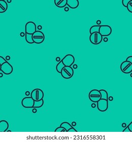 Blue line Vitamin complex of pill capsule icon isolated seamless pattern on green background. Healthy lifestyle.  Vector
