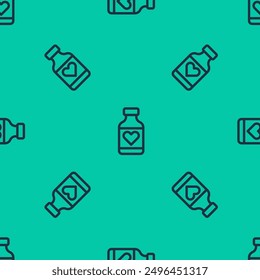 Línea azul Complejo de vitaminas de píldora icono de cápsula aislado sin patrón sobre fondo verde. Estilo de vida saludable.  Vector
