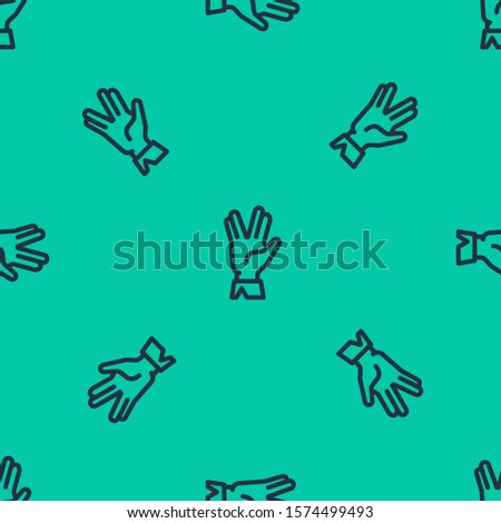 Blue line Vulcan salute icon isolated seamless pattern on green background. Hand with vulcan greet. Spock symbol.  Vector Illustration