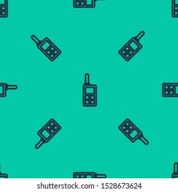 Blue line Walkie talkie icon isolated seamless pattern on green background. Portable radio transmitter icon. Radio transceiver sign. Vector Illustration Blue line Walkie talkie icon isolated seamless pattern on green background. Portable radio transmitter icon. Radio transceiver sign. Vector Illustration