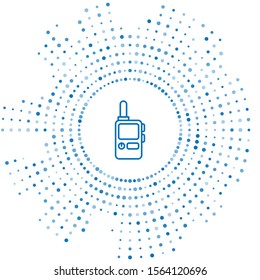 Blue line Walkie talkie icon isolated on white background. Portable radio transmitter icon. Radio transceiver sign. Abstract circle random dots. Vector Illustration