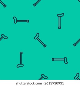Blue line Walking stick cane icon isolated seamless pattern on green background.  Vector
