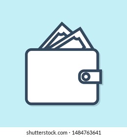 Blue line Wallet with stacks paper money cash icon isolated on blue background. Purse icon. Cash savings symbol.  Vector Illustration