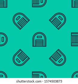 Blue line Warehouse icon isolated seamless pattern on green background.  Vector Illustration