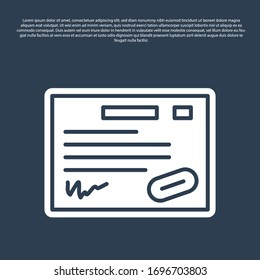 Blue line Warranty certificate template icon isolated on blue background. Vector Illustration