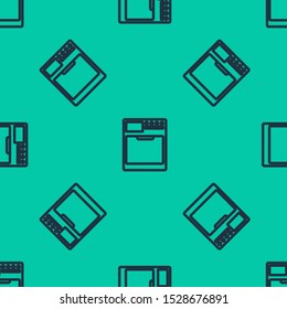 Blue line Washer icon isolated seamless pattern on green background. Washing machine icon. Clothes washer - laundry machine. Home appliance symbol.  Vector Illustration