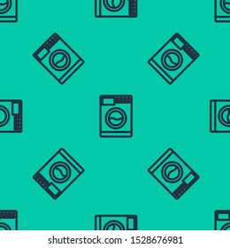 Blue line Washer icon isolated seamless pattern on green background. Washing machine icon. Clothes washer - laundry machine. Home appliance symbol.  Vector Illustration