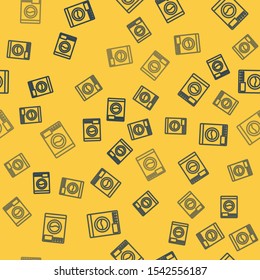 Blue line Washer icon isolated seamless pattern on yellow background. Washing machine icon. Clothes washer - laundry machine. Home appliance symbol.  Vector Illustration