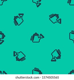 Blue line Watering can icon isolated seamless pattern on green background. Irrigation symbol.  Vector Illustration