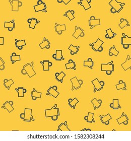 Blue line Watering can icon isolated seamless pattern on yellow background. Irrigation symbol.  Vector Illustration