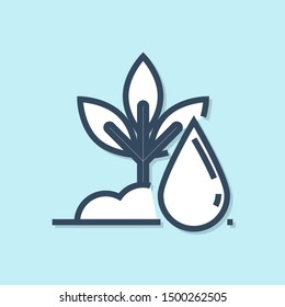 Blue line Watering plant icon isolated on blue background. Seed and seedling. Irrigation symbol. Leaf nature.  Vector Illustration