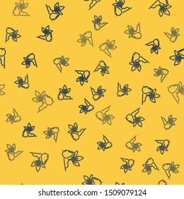Blue line Watering plant icon isolated seamless pattern on yellow background. Seed and seedling. Irrigation symbol. Leaf nature.  Vector Illustration