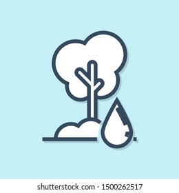 Blue line Watering Tree icon isolated on blue background. Forest symbol. Irrigation symbol.  Vector Illustration