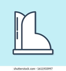 Blue line Waterproof rubber boot icon isolated on blue background. Gumboots for rainy weather, fishing, gardening.  Vector Illustration