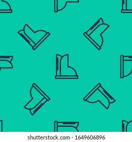 Blue line Waterproof rubber boot icon isolated seamless pattern on green background. Gumboots for rainy weather, fishing, gardening.  Vector Illustration