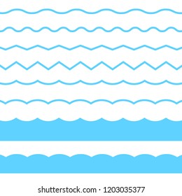 Blaue Linie Wave Ornament. Vektorblaue Wellensymbole auf weißem Hintergrund. Seamless Vektor Marine Wave Dekoration