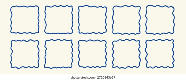 Kit de Quadros de Forma de Caixa de Texto Ondulada de Linha Azul. Pacote de caixa de borda curvada de borda em ziguezague. Ilustração do vetor de rabisco de estrutura de tópicos