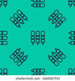 Blue line Wax crayons for drawing icon isolated seamless pattern on green background.  Vector Illustration