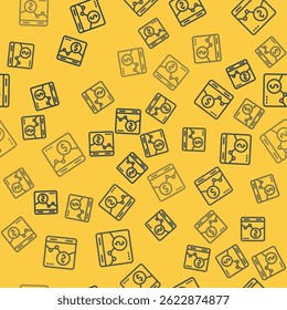 Blue line Website with stocks market growth graphs and money icon isolated seamless pattern on yellow background. Monitor with stock charts arrow on screen.  Vector