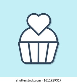 Blue line Wedding cake with heart icon isolated on blue background. Valentines day symbol.  Vector Illustration