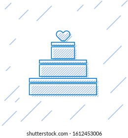 Blue line Wedding cake with heart icon isolated on white background. Valentines day symbol.  Vector Illustration