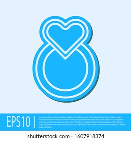 Blue line Wedding rings icon isolated on grey background. Bride and groom jewelry sign. Marriage symbol. Diamond ring.  Vector Illustration
