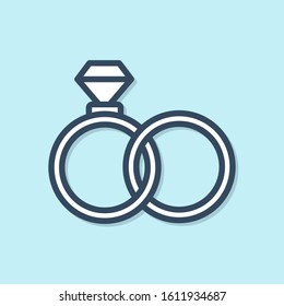 Blue Line Wedding Rings Icon Isolated On Blue Background. Bride And Groom Jewelry Sign. Marriage Symbol. Diamond Ring.  Vector Illustration