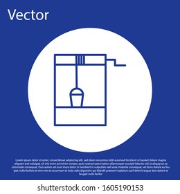 Blue line Well with a bucket and drinking water icon isolated on blue background. White circle button. Vector Illustration