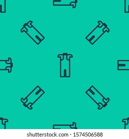 Blue line Wetsuit for scuba diving icon isolated seamless pattern on green background. Diving underwater equipment.  Vector Illustration