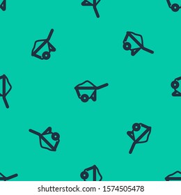 Blue line Wheelbarrow with dirt icon isolated seamless pattern on green background. Tool equipment. Agriculture cart wheel farm.  Vector Illustration