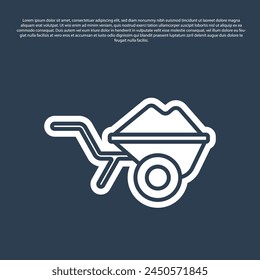 Blue line Wheelbarrow with dirt icon isolated on blue background. Tool equipment. Agriculture cart wheel farm.  Vector