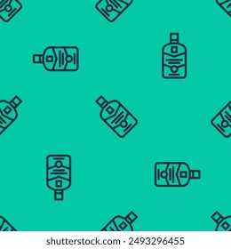 Blue line Whiskey bottle icon isolated seamless pattern on green background.  Vector
