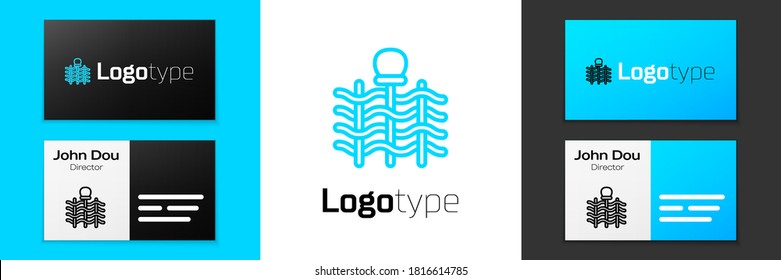 Blue line Wicker fence of thin rods with old clay jars icon isolated on white background. Logo design template element. Vector.